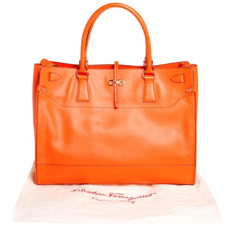Pre Owned Salvatore Ferragamo Orange Leather Batik Tote 
