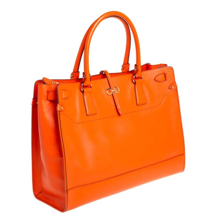 Pre Owned Salvatore Ferragamo Orange Leather Batik Tote 