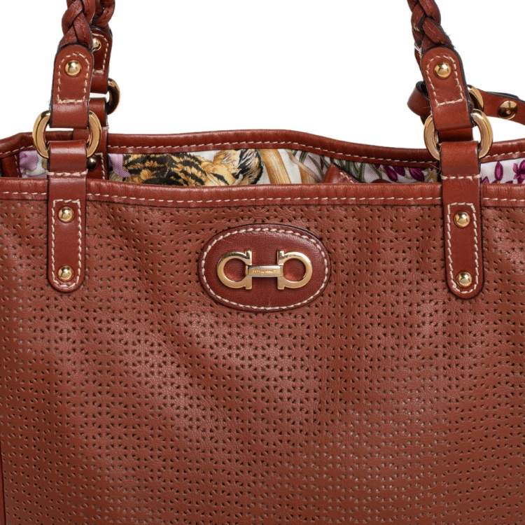 Pre Owned Salvatore Ferragamo Brown Perforated Leather Braided Handle Tote