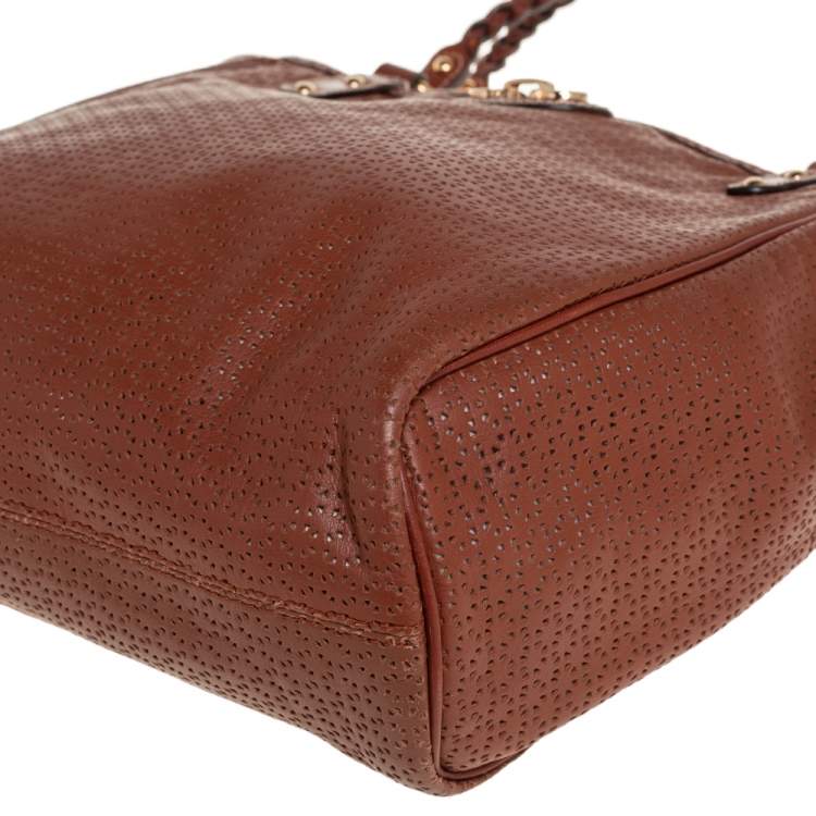 Pre Owned Salvatore Ferragamo Brown Perforated Leather Braided Handle Tote
