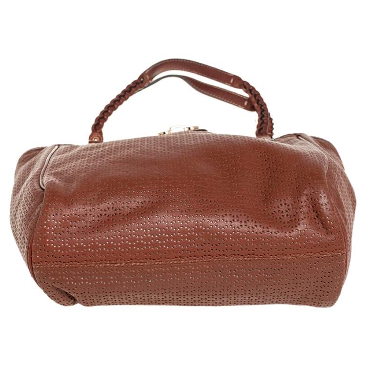Pre Owned Salvatore Ferragamo Brown Perforated Leather Braided Handle Tote