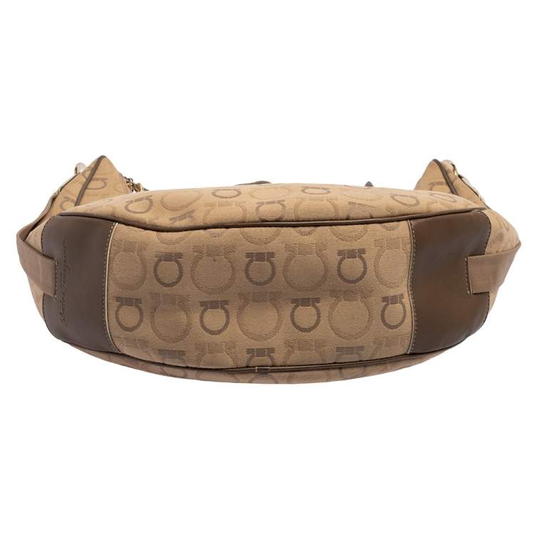 Pre Owned Salvatore Ferragamo Beige Signature Canvas and Leather Hobo