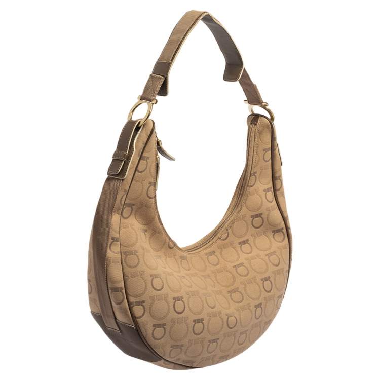 Pre Owned Salvatore Ferragamo Beige Signature Canvas and Leather Hobo