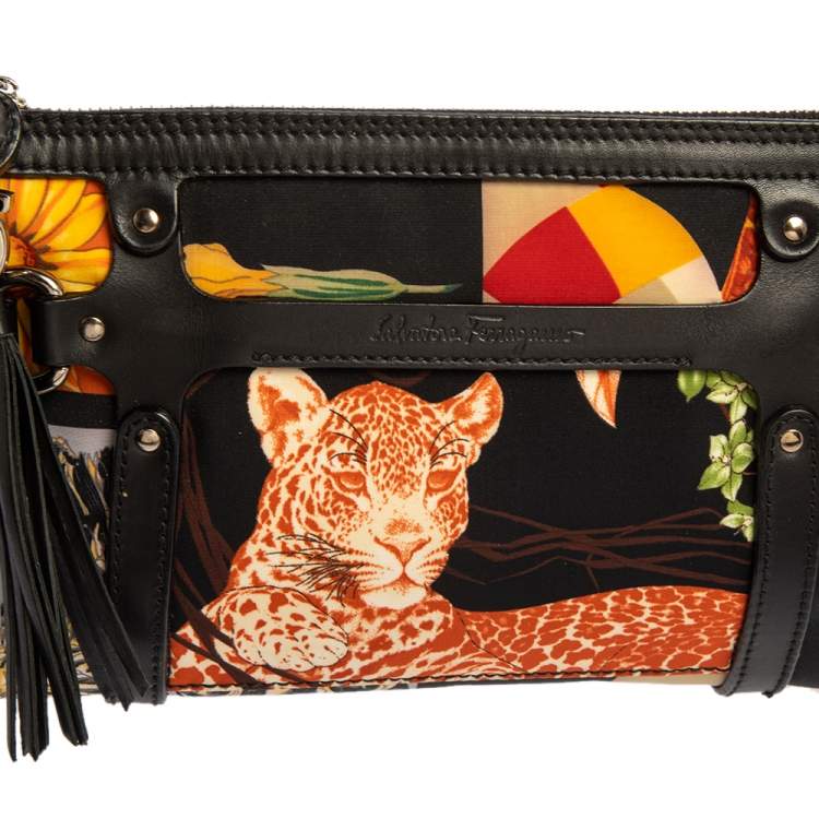 Pre Owned Salvatore Ferragamo Multicolor Nylon/Leather Jungle Safari Print Leopard Baguette
