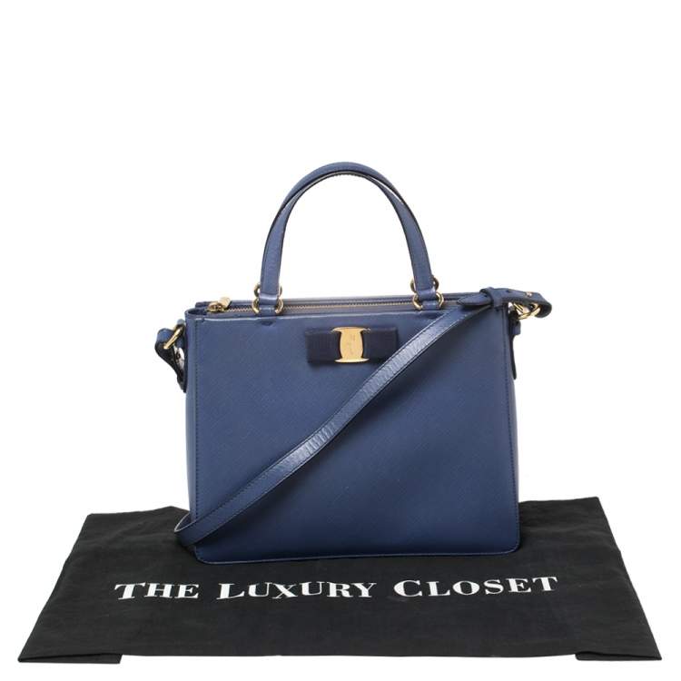 Pre Owned Salvatore Ferragamo Blue Leather Vara Bow Tote