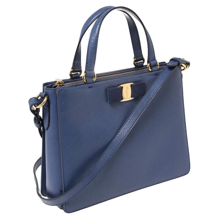 Pre Owned Salvatore Ferragamo Blue Leather Vara Bow Tote