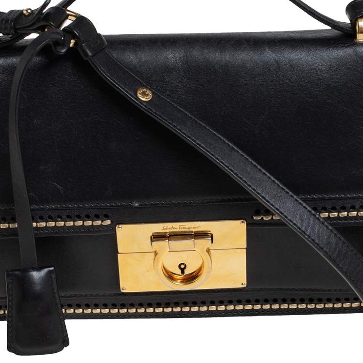 Pre Owned Salvatore Ferragamo Black Leather Gancini Crossbody Bag