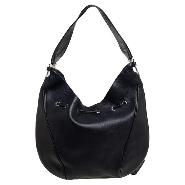 Pre Owned Salvatore Ferragamo Black Leather Drawstring Hobo