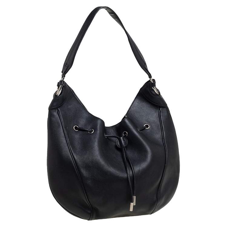 Pre Owned Salvatore Ferragamo Black Leather Drawstring Hobo