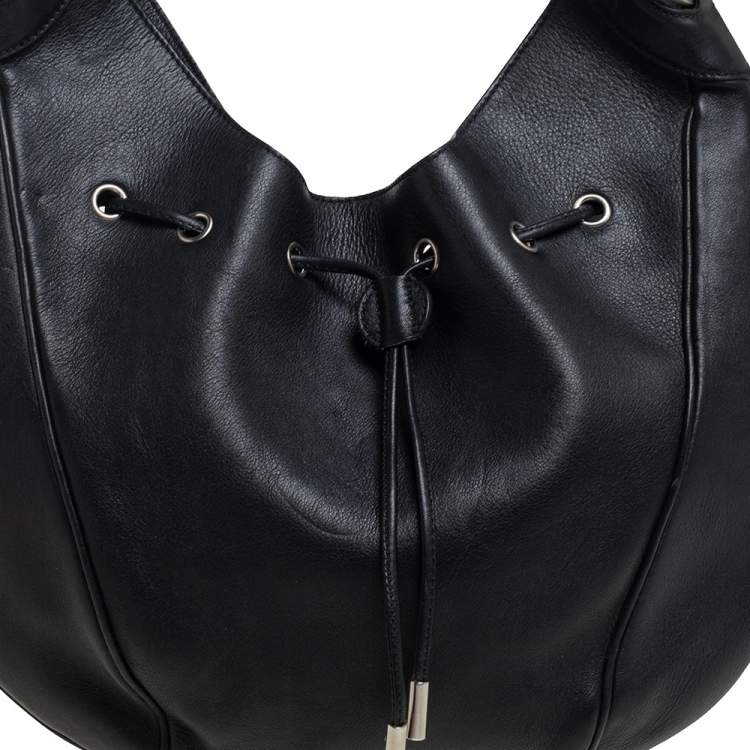 Pre Owned Salvatore Ferragamo Black Leather Drawstring Hobo