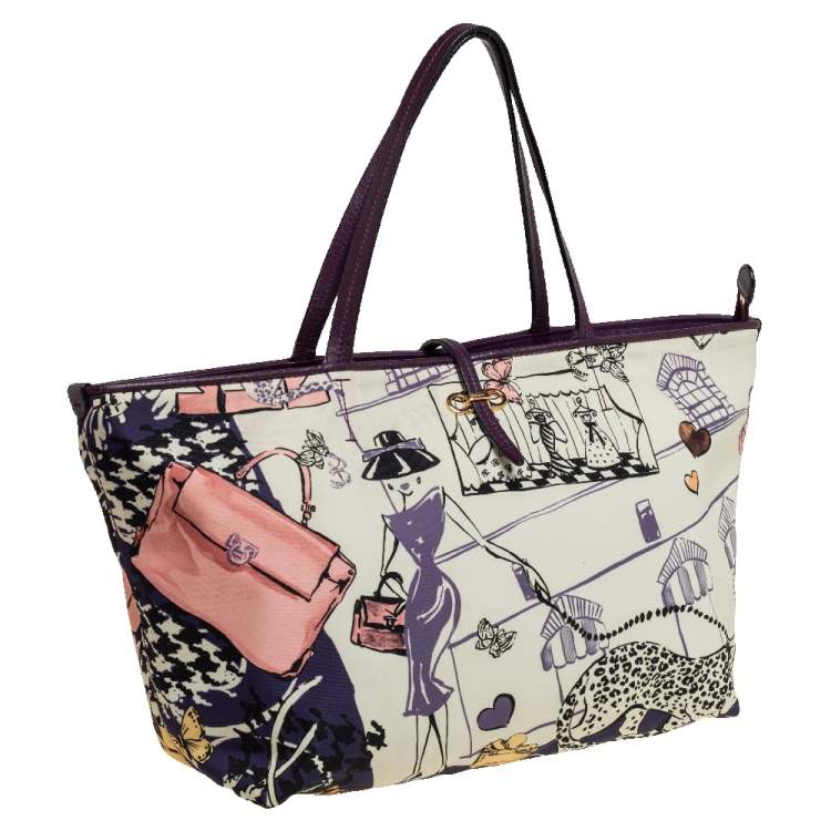 مملوكة مسبقًا Salvatore Ferragamo Multicolor Bice Scarf Printed Nylon and Leather Zip Tote