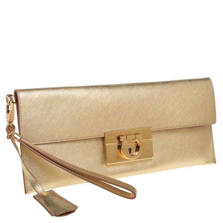 Pre Owned Salvatore Ferragamo Metallic Gold Leather Afef Gancio Clutch