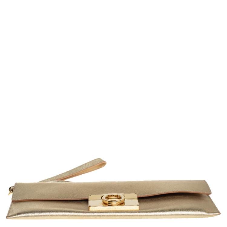 Pre Owned Salvatore Ferragamo Metallic Gold Leather Afef Gancio Clutch
