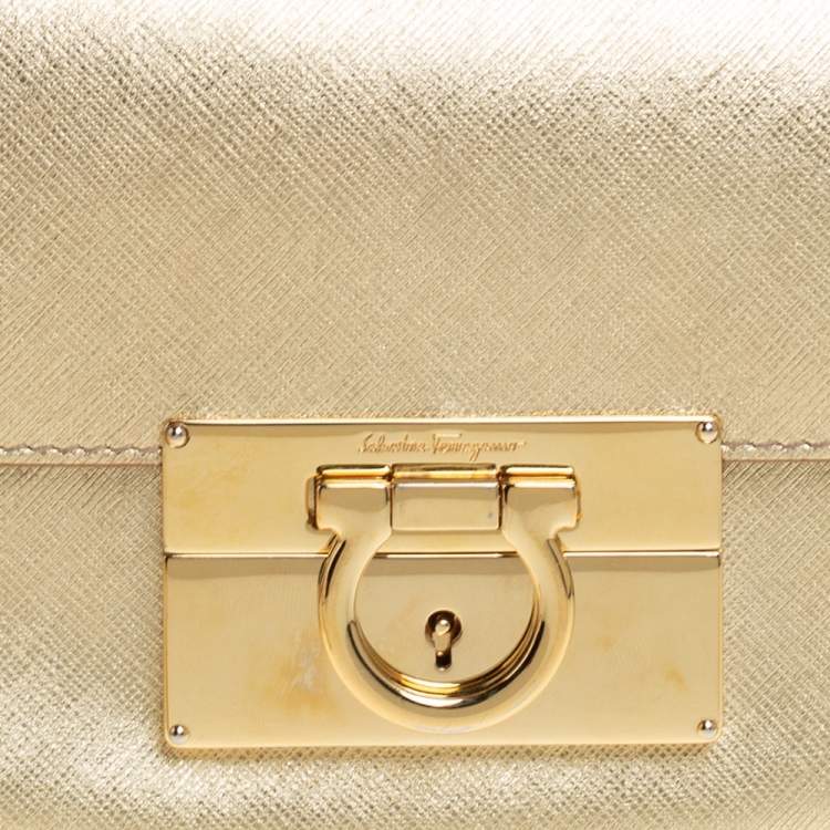 Pre Owned Salvatore Ferragamo Metallic Gold Leather Afef Gancio Clutch