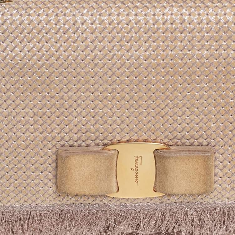 Pre Owned Salvatore Ferragamo Beige Suede and Fabric Ginny Fringed Crossbody Bag