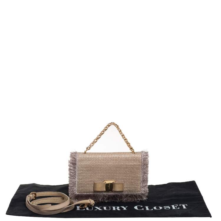 Pre Owned Salvatore Ferragamo Beige Suede and Fabric Ginny Fringed Crossbody Bag