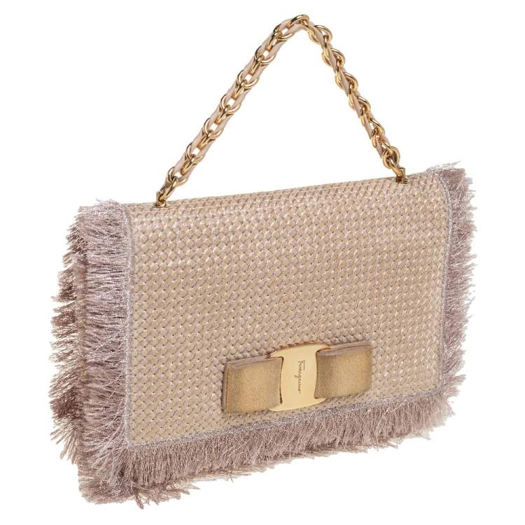 Pre Owned Salvatore Ferragamo Beige Suede and Fabric Ginny Fringed Crossbody Bag