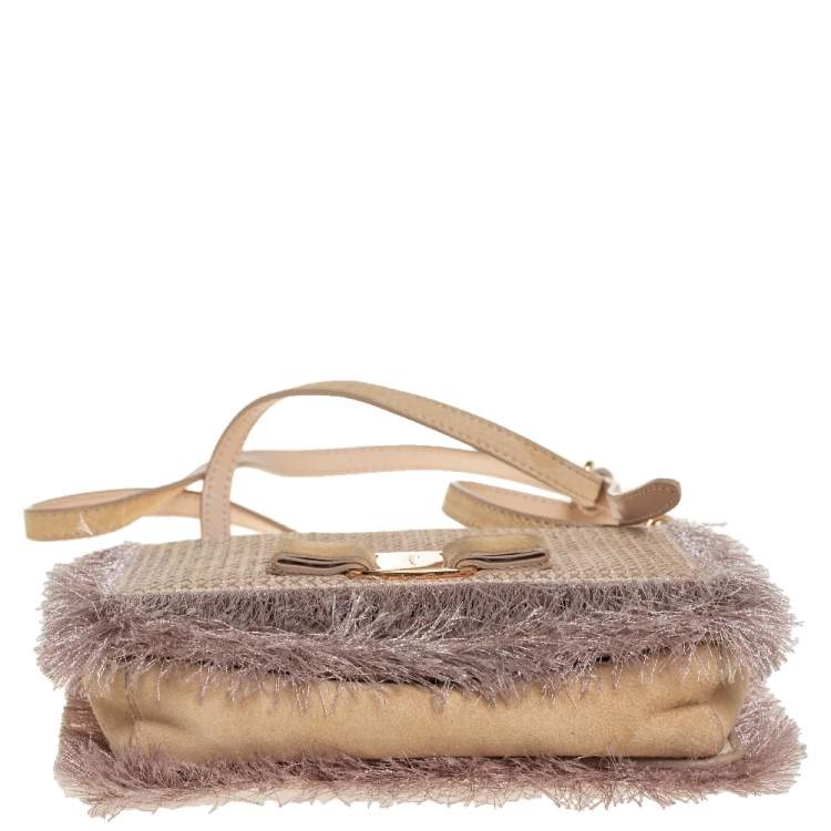 Pre Owned Salvatore Ferragamo Beige Suede and Fabric Ginny Fringed Crossbody Bag
