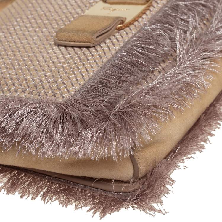 Pre Owned Salvatore Ferragamo Beige Suede and Fabric Ginny Fringed Crossbody Bag