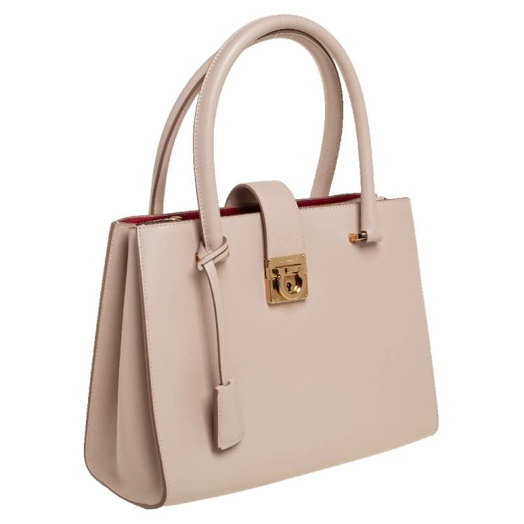 Pre Owned Salvatore Ferragamo Beige Leather Gancini Lock Tote