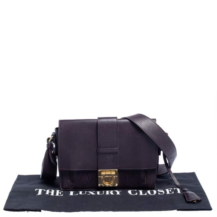 Pre Owned Salvatore Ferragamo Dark Plum Leather Gancio Flap Crossbody Bag