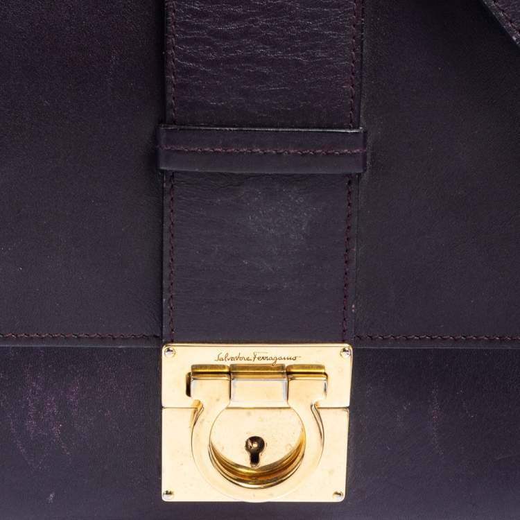 Pre Owned Salvatore Ferragamo Dark Plum Leather Gancio Flap Crossbody Bag