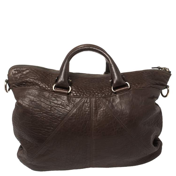 Pre Owned Salvatore Ferragamo Dark Brown Pebbled Leather Pleated Satchel