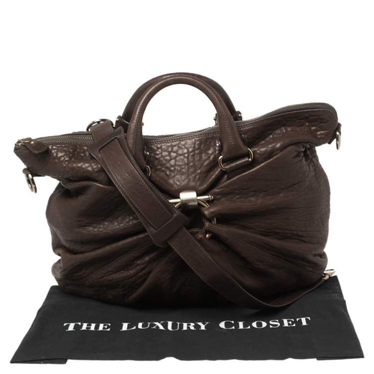 Pre Owned Salvatore Ferragamo Dark Brown Pebbled Leather Pleated Satchel