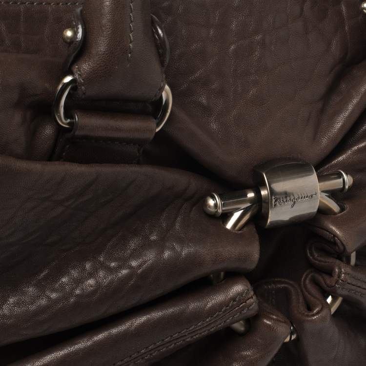 Pre Owned Salvatore Ferragamo Dark Brown Pebbled Leather Pleated Satchel