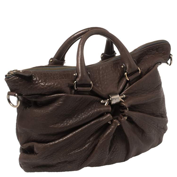 Pre Owned Salvatore Ferragamo Dark Brown Pebbled Leather Pleated Satchel