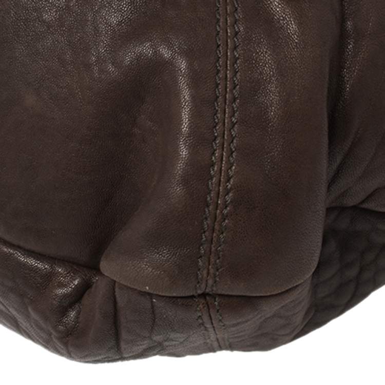 Pre Owned Salvatore Ferragamo Dark Brown Pebbled Leather Pleated Satchel