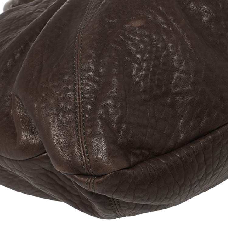 Pre Owned Salvatore Ferragamo Dark Brown Pebbled Leather Pleated Satchel