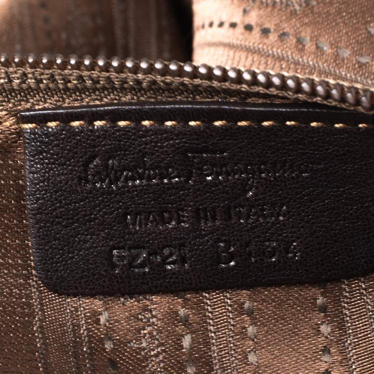 Pre Owned Salvatore Ferragamo Dark Brown Pebbled Leather Pleated Satchel