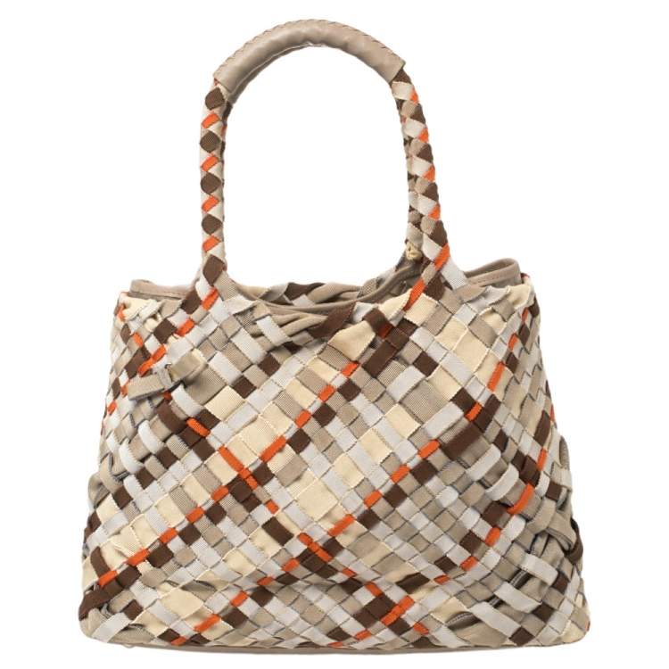 Pre Owned Salvatore Ferragamo Multicolor Woven Fabric and Leather Grosgrain Ribbon Tote