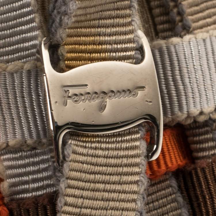 Pre Owned Salvatore Ferragamo Multicolor Woven Fabric and Leather Grosgrain Ribbon Tote