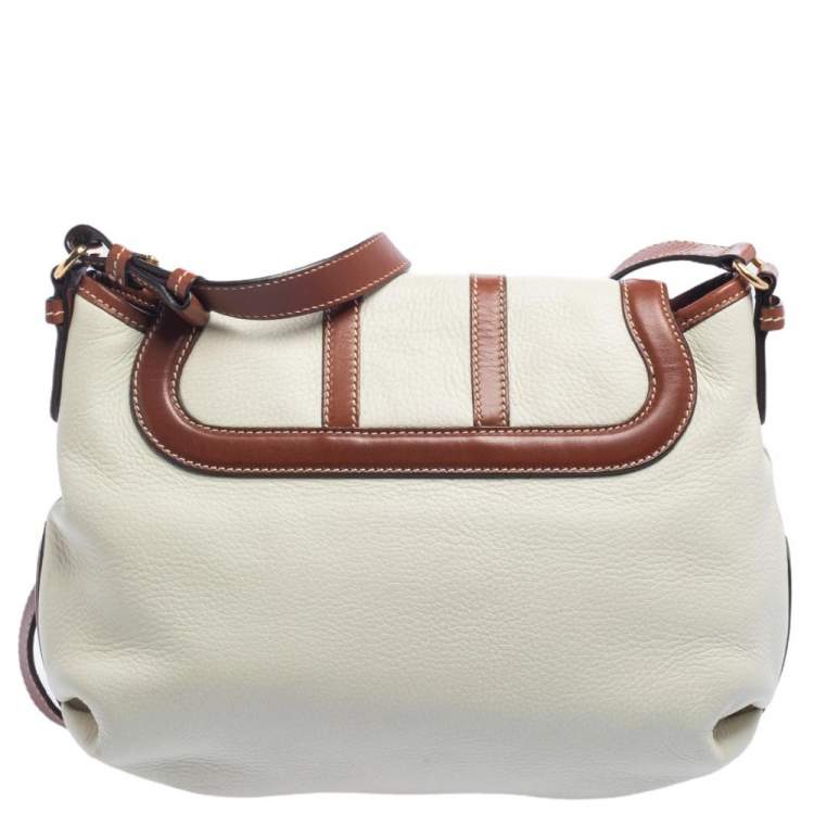 Pre Owned Salvatore Ferragamo White/Brown Leather Gancio Flap Shoulder Bag