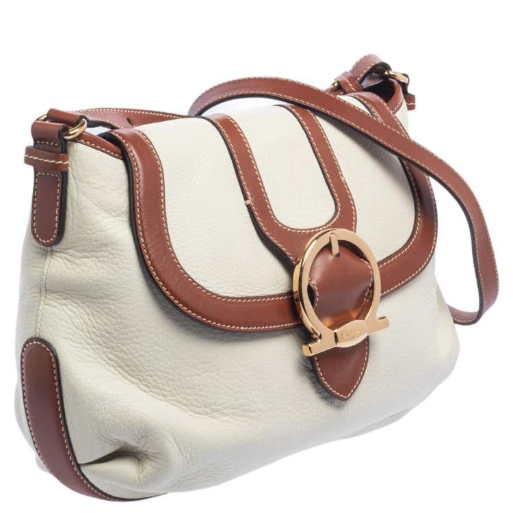 Pre Owned Salvatore Ferragamo White/Brown Leather Gancio Flap Shoulder Bag