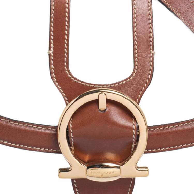 Pre Owned Salvatore Ferragamo White/Brown Leather Gancio Flap Shoulder Bag