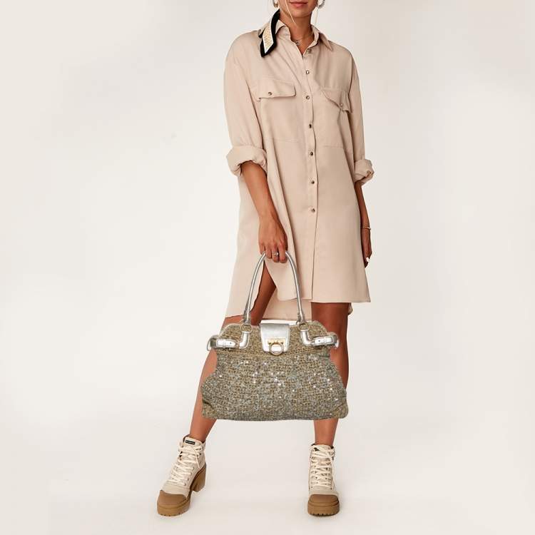 Pre Owned Salvatore Ferragamo Metallic Gold/Beige Crochet Fabric and Leather Sequin Embellished Marisa Satchel