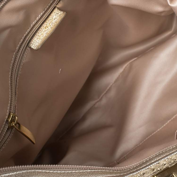 Pre Owned Salvatore Ferragamo Metallic Gold/Beige Crochet Fabric and Leather Sequin Embellished Marisa Satchel