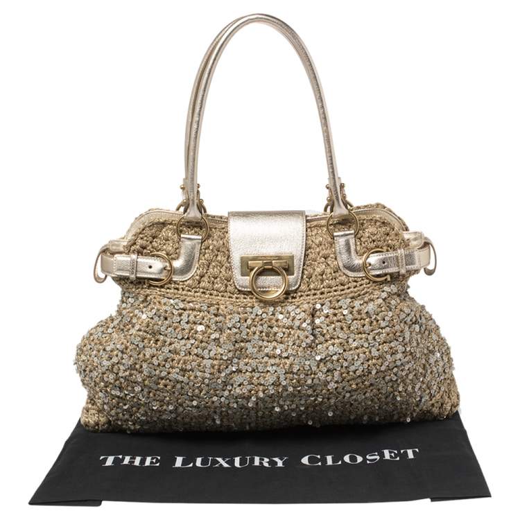 Pre Owned Salvatore Ferragamo Metallic Gold/Beige Crochet Fabric and Leather Sequin Embellished Marisa Satchel