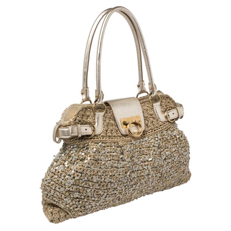 Pre Owned Salvatore Ferragamo Metallic Gold/Beige Crochet Fabric and Leather Sequin Embellished Marisa Satchel