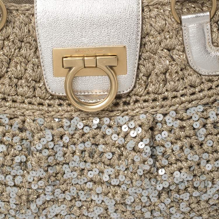 Pre Owned Salvatore Ferragamo Metallic Gold/Beige Crochet Fabric and Leather Sequin Embellished Marisa Satchel