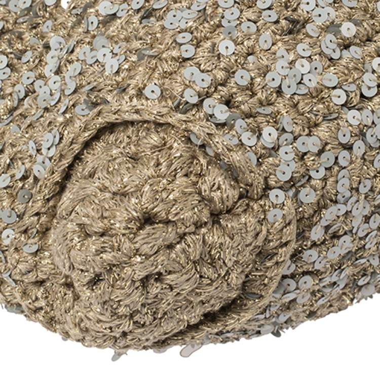 Pre Owned Salvatore Ferragamo Metallic Gold/Beige Crochet Fabric and Leather Sequin Embellished Marisa Satchel