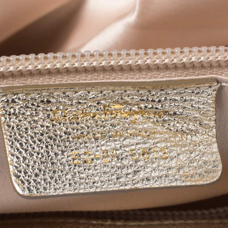 Pre Owned Salvatore Ferragamo Metallic Gold/Beige Crochet Fabric and Leather Sequin Embellished Marisa Satchel