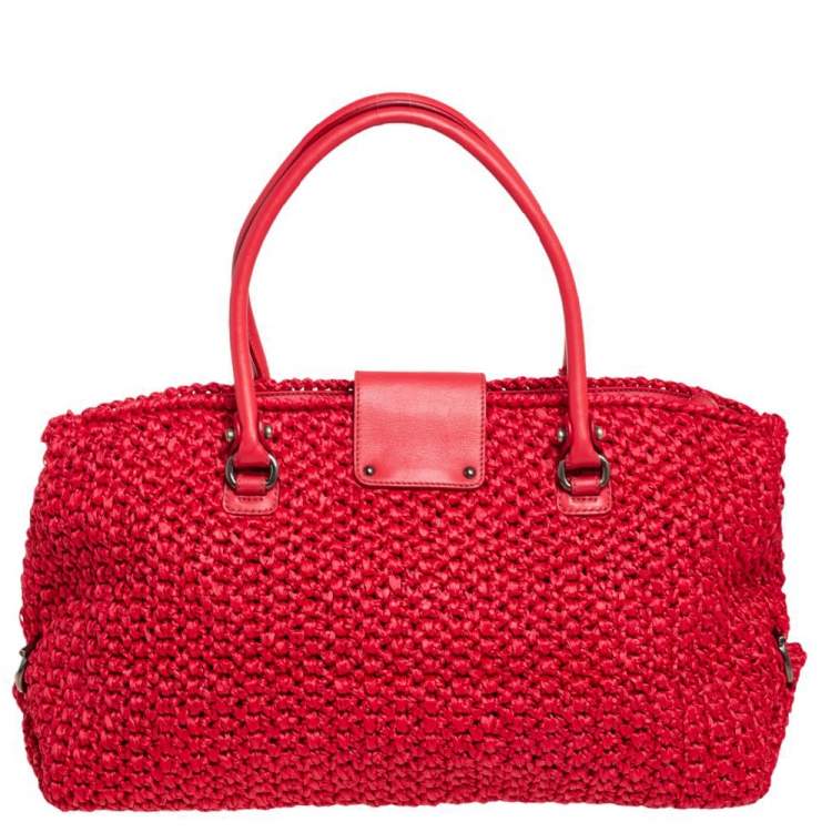 Pre Owned Salvatore Ferragamo Red Woven Straw and Leather Flap Satchel