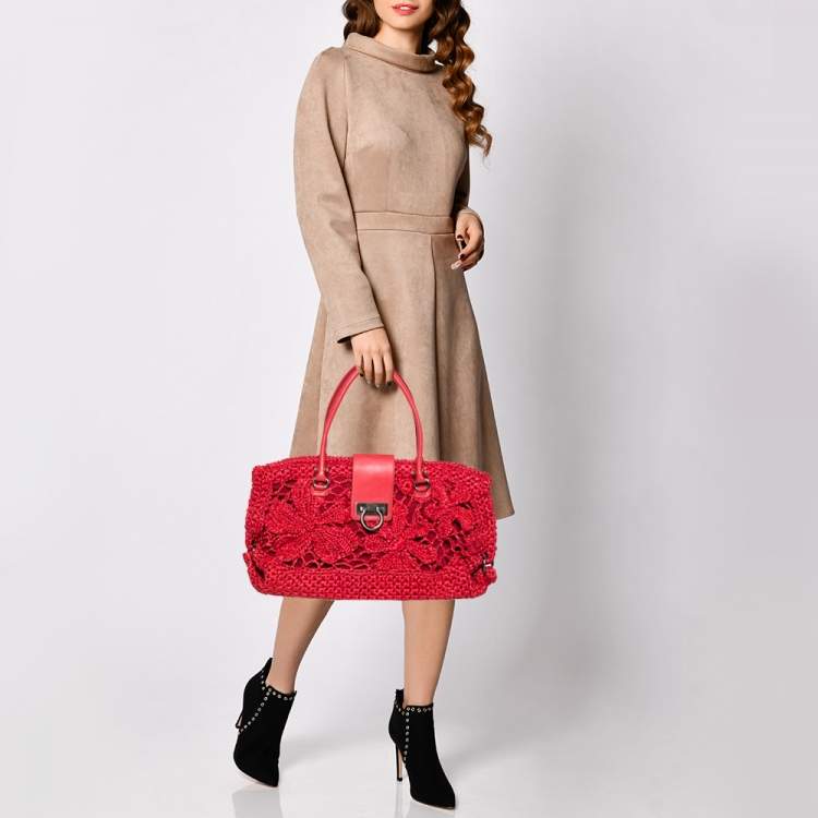 Pre Owned Salvatore Ferragamo Red Woven Straw and Leather Flap Satchel