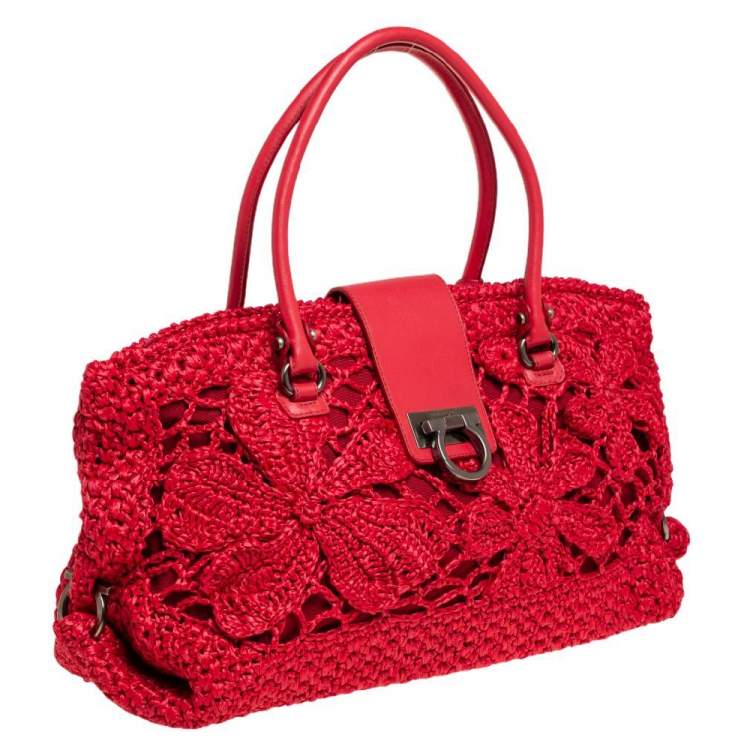 Pre Owned Salvatore Ferragamo Red Woven Straw and Leather Flap Satchel