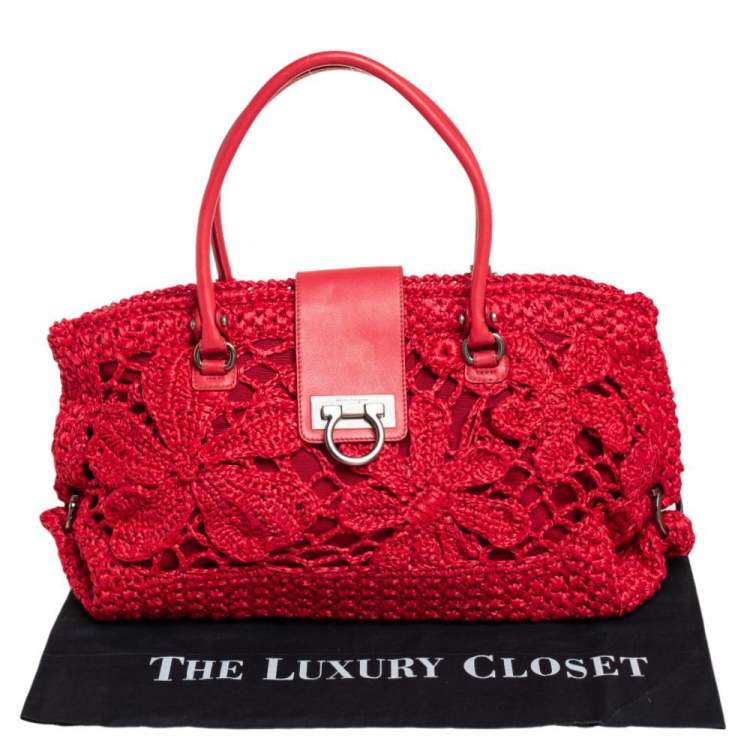 Pre Owned Salvatore Ferragamo Red Woven Straw and Leather Flap Satchel