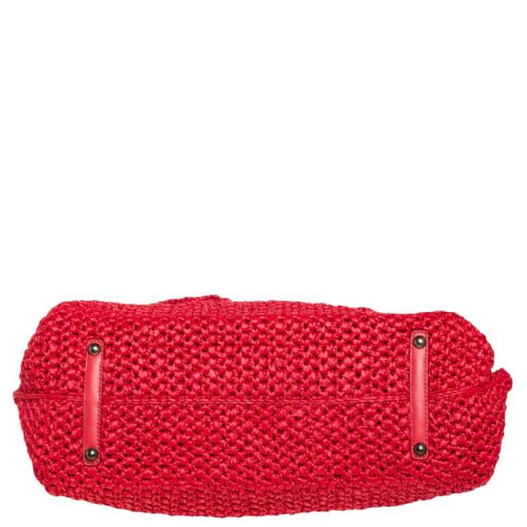 Pre Owned Salvatore Ferragamo Red Woven Straw and Leather Flap Satchel